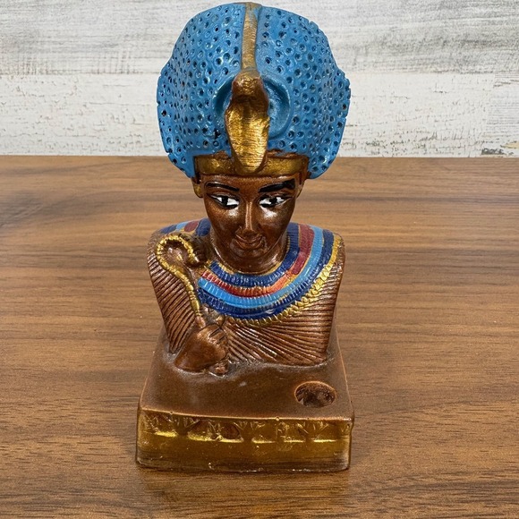 King Tutankhamun Brass Statue, Egyptian Pharaoh Hand Painted 4.24" x 2.25" - Picture 1 of 8